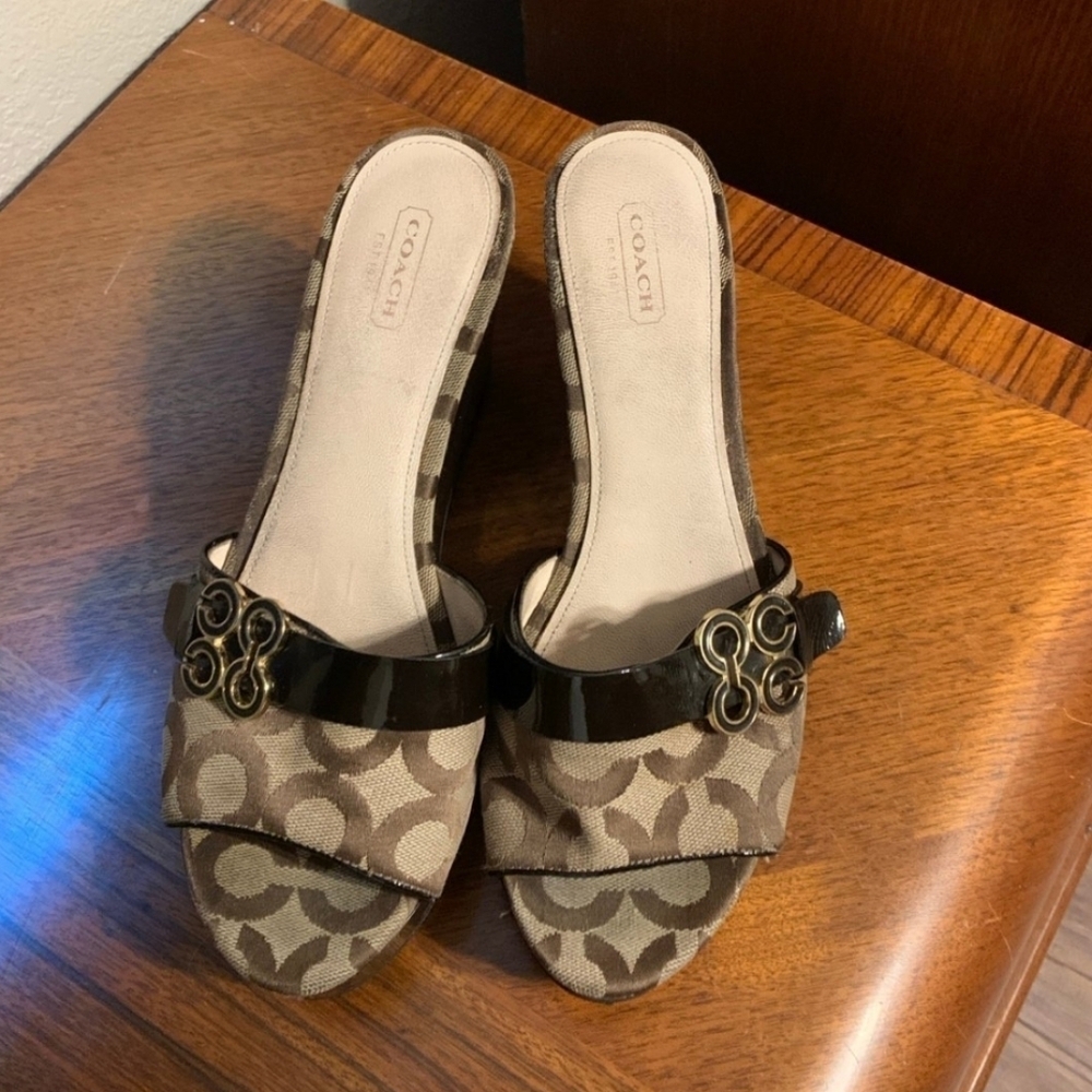 Coach Women's Brown Slide Sandals Wedge 3" Heel 9B - Picture 2 of 7